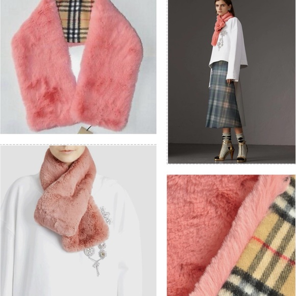 BURBERRY CHIC SCARF WITH THE VINTAGE CHECK IN CASHMERE AND PALE PINK FAUX FUR - Picture 4 of 16